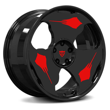 Custom Forged Monoblock Stingray Wheels in black with red accents for Corvette C7. Unique forged design, 15"-26" sizes available.